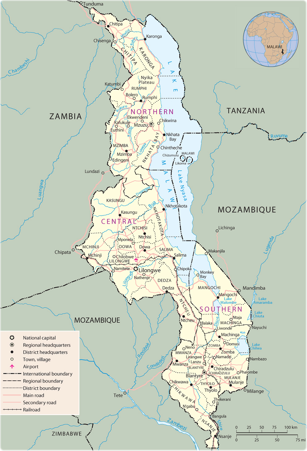 Map Of Malawi Lilongwe Travel Africa