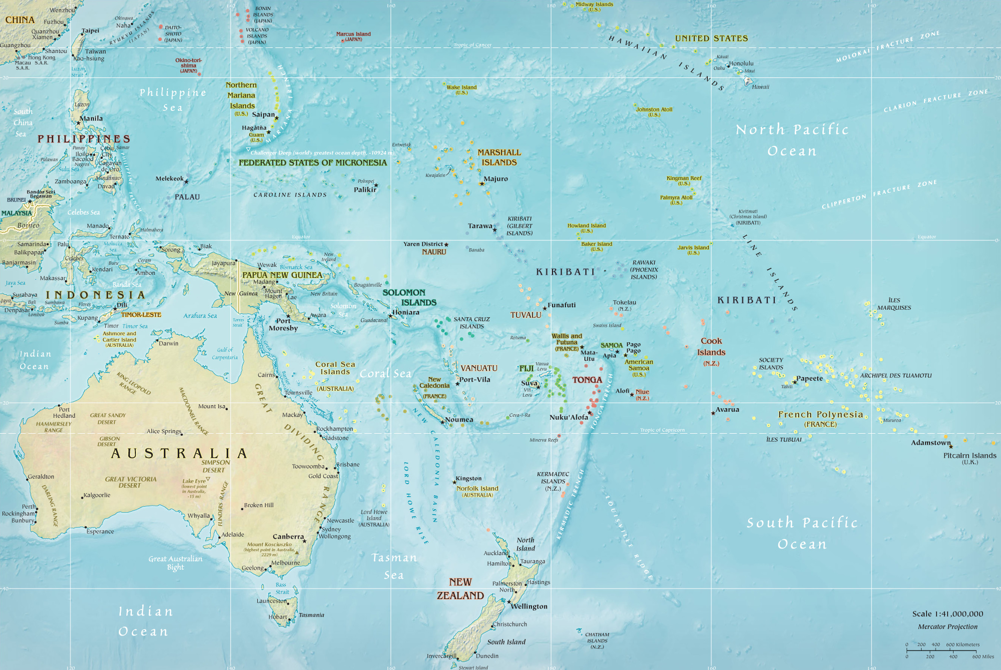 Map of Oceania  Pacific Islands, French Polynesia